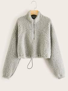 Custom <b>Women's</b> Stand <b>Collar</b> Pullover Hoodie Polar Fleece Sweatshirt with Zip Woven Streetwear Private Label Wholesale - Product Image 3