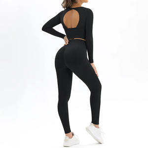 Chándal de Yoga y Fitness de manga larga de 2 piezas a cuadros para mujer, conjunto de entrenamiento de talla grande de estiramiento alto para invierno, MOQ 5 uds. - Product Image 5