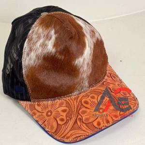 New Western Cowhide Trucker Cap con mano Tooled Leather Floral Bill Ajustable Mesh Back Snapback Hat para Rodeo & Country Style - Product Image 1