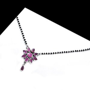 925 sterling Silver đá quý tự nhiên mangalsutra Vòng cổ với <span class=keywords><strong>ruby</strong></span> hạt màu đen và ngọc trai quà tặng cho cô ấy - Product Image 2