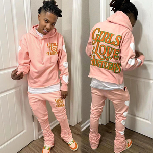 Custom Puff Print Mens Women Sweatsuit Sets Unisex Sweat Pant Track Suit Stacked Flare Pants And Raw Hem Hoodie Set For Men