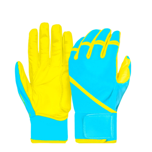 Guantes de bateo de béisbol con puños largos de cuero de vaca azul brillante y amarillo de color y diseño personalizados de calidad superior - Product Image 1