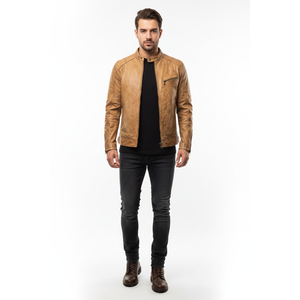 Chaqueta de Motociclista Estilo Café Racer Vintage para Hombre, Hecha a Mano, de Piel de Oveja Color Bronceado Desgastado, Corte Ajustado - Product Image 2