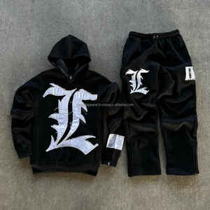 Custom Men Custom Applique Patch <b>Embroidery</b> Jogger Acid Wash Sun Faded Flared Sweatsuit Hoodie Sweatpants Tracksuits <b>Set</b> - Product Image 1