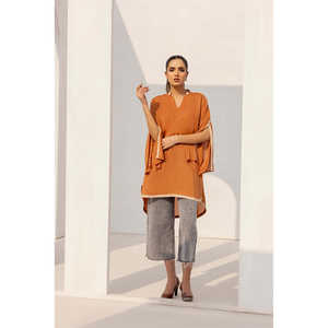 เสื้อท่อนบนผ้าจอร์เจียต์สีน้ำตาลสำหรับผู้หญิง ทรงยาวบาง ตกแต่งด้วยงานปักประดับ - Product Image 5