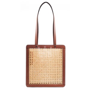 High Fashion Brown Tall Rattan <b>Handbag</b> New Arrival Wholesale Beach Bag with Two Handles Zipper Closure and PVC Lining - Product Image 5