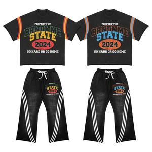 2025 nouvelle dernière conception en détresse broderie survêtements été à manches courtes solide plaine noir couleur survêtements pour hommes - Product Image 1