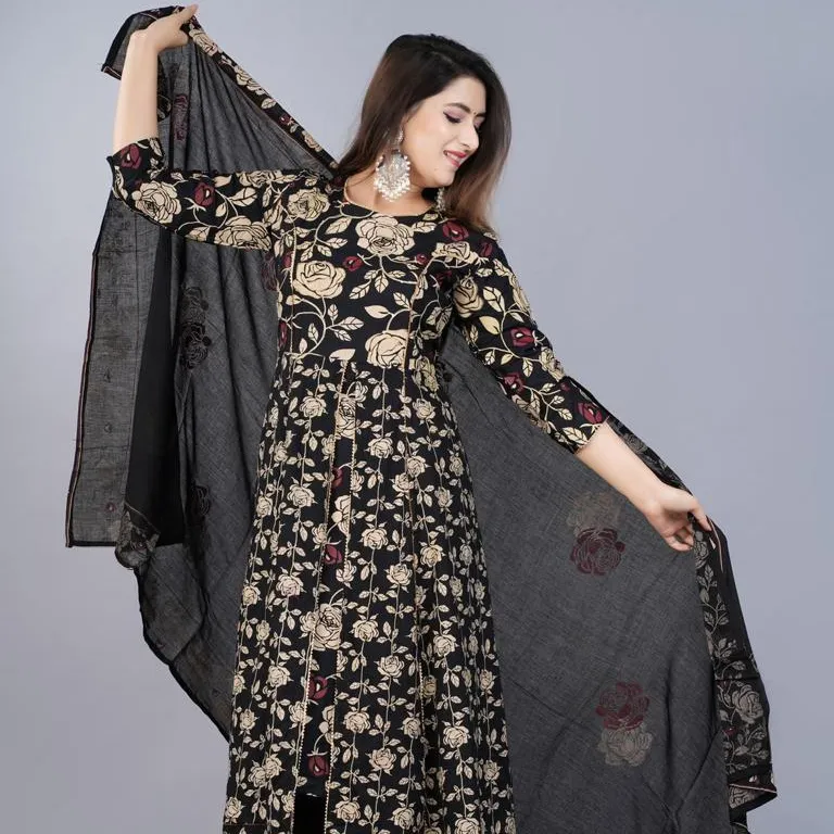 Handmade Black Floral Print Anarkali Kurti With Pant And Dupatta Indian Suits Women Clothing