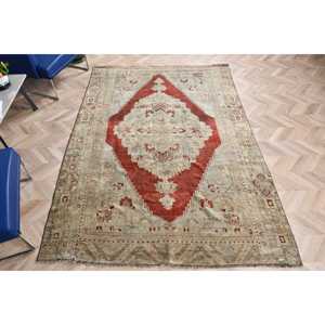 Vintage 5.9x8.4 ft Large <b>Rug</b>, Turkish <b>Rug</b>, Red <b>Abstract</b> <b>Rug</b> - Product Image 4