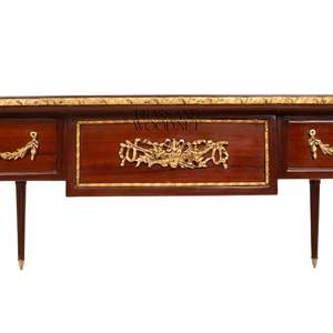 Bureau de direction en bois antique de luxe avec incrustations en laiton doré orné et pieds cannelés élégants pour la décoration de bureau à domicile - Product Image 3