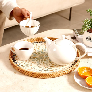 Plateau de service en rotin rond fait à la main avec incrustation de nacre panier décoratif tissé Table basse de luxe décor à la maison - Product Image 4