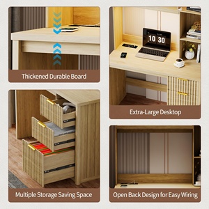 Escritorio de Computadora Moderno con Luces LED, Cajones Acanalados, Mesa de Estudio para Oficina en Casa con Estantes de Vidrio para Espacios Pequeños - Product Image 4