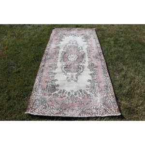 Turkish 3.4x7.3 ft <b>Rug</b>, Area <b>Vintage</b> <b>Rug</b>, Pink Brown Floral <b>Rug</b> - Product Image 1
