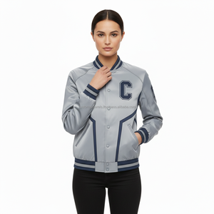 Chaqueta Bomber Casual de Satén para Mujer, con Bordado, Cierre de Botones Cubiertos, Tela de Poliéster, Mangas Raglán, Resistente al Viento, Estilo Universitario de Verano - Product Image 2