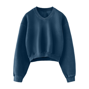 2025 Vintage mujer liso teñido Jersey polar invierno sudadera 100% algodón Casual Sudadera con capucha con cuello en V largo y mangas - Product Image 5