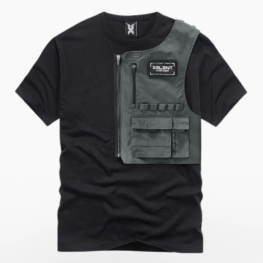XELENT Men's Black Short Sleeve T-Shirt With Tactical Vest Design Printed Pattern Workwear Style Regular Fit