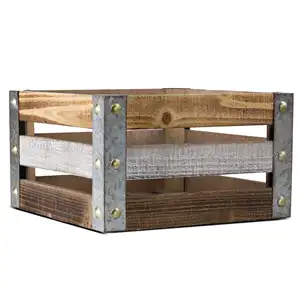 Mộc Mạc thùng gỗ với góc kim loại gỗ slat Crate giỏ