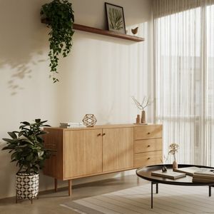 Buffet moderne Anton en teck massif avec 2 portes et 3 tiroirs, finition naturelle, pour salon et chambre. - Product Image 2