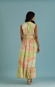 Robe longue imprimée sans manches à col en V évasé pour femmes élégante ceinturée avec décoration brodée pour les fêtes et les usages multiples - Product Image 5