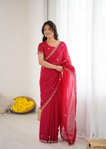 Saree traditionnel en soie Georgette douce et lourde avec broderie et Moti Work Séchage rapide pour les événements de mariage et de fête - Product Image 2