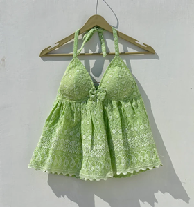 เสื้อคอตตอนสีเขียวปักลายผีเสื้อชิกันพู่ห้อยเสื้อถักแบบสั้น - Product Image 1