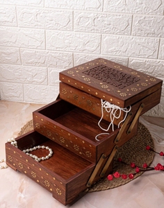 Hand-Carved Wooden Jewelry Box Brass Inlay Vintage Decorative <b>Chest</b> Trinket Holder Multipurpose <b>Storage</b> for Women's Jewelry Gift - Product Image 5