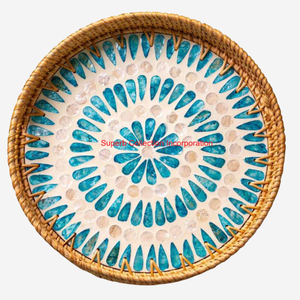 Plateau de service en rotin rond de qualité supérieure avec plateau décoratif élégant en incrustation de nacre pour la décoration intérieure et plateau de rangement - Product Image 4