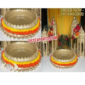 Royal Haldi Ceremony Decor with Urli Golden Lotus Fiber Urli for Haldi Function Beautiful Bride Groom Haldi Ceremony Bath Tub