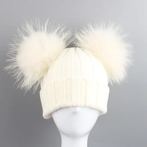 Unisex nuevo mapache real doble piel Pom sombrero gorros para niños ganchillo niños sombreros de punto lindo niña niño Otoño Invierno sombrero de punto - Product Image 3