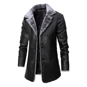 Veste en cuir PU hommes Style Long solide hommes Streetwear polaire décontracté hommes vêtements poches poitrine cuir manteau Outwear - Product Image 1