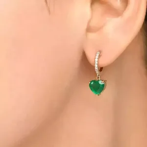 14K Yellow Gold Plated Vintage Style Heart Cut Green <b>Emerald</b> Drop/Dangle <b>Earrings</b> Fine Dangle Moissanite with Diamond Stone - Product Image 2