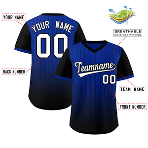 Maillot de baseball sublimé pour hommes, nom et numéro d'équipe personnalisés, bleu noir dégradé, rayures fines, col en V, manches courtes, uniforme de sport - Product Image 2