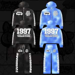 Survêtements en strass pour hommes VOTRE NOM DE MARQUE Survêtement évasé unisexe Broderie à capuche et pantalons ensembles délavés à l'acide - Product Image 6