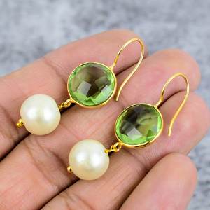 Peridot Quartz & Pearl Round Shape Gemstone Gold Plated 925 Sterling <b>Silver</b> Earring Wire Earrings Gift for Women Wedding Earring - Product Image 3