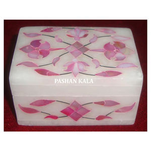Almacenamiento de joyas con incrustaciones de madreperla rosa de mármol blanco con forma de rectángulo de la mejor calidad India para regalo corporativo y decoración del hogar - Product Image 1