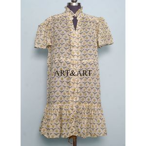 Robe Courte Bohème en Coton Imprimé Floral à Manches Courtes pour Femme Style Indien – Idéale pour Tenue Formelle, Décontractée, Douce, Respirante et Plage - Product Image 1