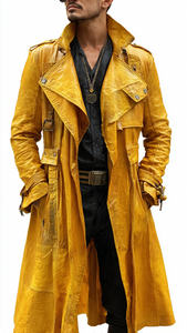 Abrigo largo de cuero Letterman para hombre, gabardina larga de cuero Letterman para hombre, abrigo largo de cuero con botones para hombre - Product Image 4