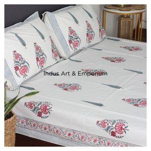 Sanganeri indien fait à la main bloc de draps imprimés ensembles de literie drap de lit avec taie d'oreiller - Product Image 2