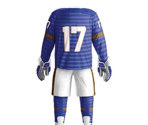 Custom Men Ice Hockey Uniform Blue Striped Jersey White Shorts Full Sleeve V-Neck <b>Moisture</b> Wicking 100% Polyester Custom Team - Product Image 2