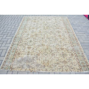 Tapis Turc Vintage Classique Beige Bleu 6.1X7.6 pieds Fait à la Main de Haute Qualité Laine Peluche Pile Rectangulaire Patchwork Abstrait Latex - Product Image 1