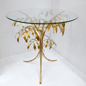 Mesa central Aluminio Material de vidrio transparente Base en forma de hoja Flor media Color dorado Parte superior redonda 20x20x25 pulgadas - Product Image 5