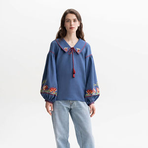 Chemise à manches courtes pour femme, boutonnée, brodée, tissée, décontractée, été, hiver, coton, coupe classique - Product Image 1