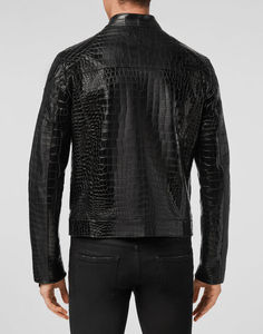 Veste décontractée en cuir véritable en relief plaquée crocodile pour homme, support personnalisable, respirante, pour l'hiver - Product Image 4