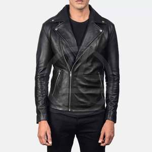 Blouson aviateur en cuir de mouton pour homme avec col montant en tissu de toile style robuste imperméable et coupe-vent - Product Image 2