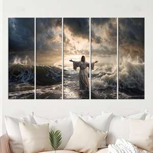 Toile « Jésus marchant sur l'eau », Art mural spirituel, Tempête océanique et lumière, LOT DE 5 TOILES - Product Image 1