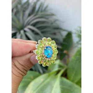 925 Silver Blue Topaz Peridot <b>Cocktail</b> <b>Ring</b> Vintage Romantic Style <b>Gold</b> Plated Inlay Lover's Shape Free Gemstone for Parties - Product Image 2