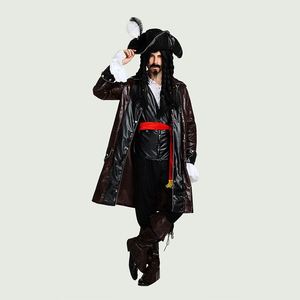 Men <b>Retro</b> Sea Captain Costume Set, Faux Leather Long Jacket with Matching Hat and Wig for Stage Performance - Product Image 3