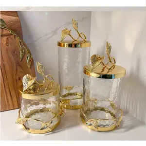 NEW COLLECTION LUXURY DECORATIVE HAMMERED GLASS GOLD LEAF DESIGN FANCY CANISTER SET FOR CHOCOLATE CANDY AND COOKIES STORAGE JAR