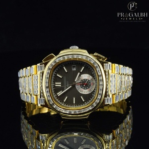 นาฬิกาหรูสำหรับผู้ชายสีโรสโกลด์สไตล์ฮิปฮอปบาแกตต์ประดับเพชรดูกันน้ำได้ทำจากสแตนเลส - Product Image 6