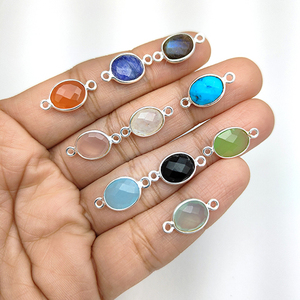 925 <b>Silver</b> Plated Natural Green Chalcedony Oval Gemstone Connector 2 Loop Faceted Bezel Pendant for Necklace <b>Bracelet</b> Fine <b>Charm</b> - Product Image 3
